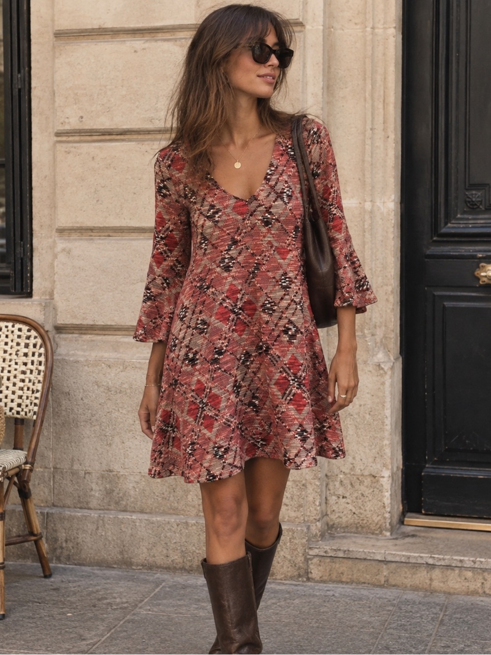 Maeve Anthropologie Geometric Knit Fit & Flare 3/4 Bell Sleeve Dress Boho M
